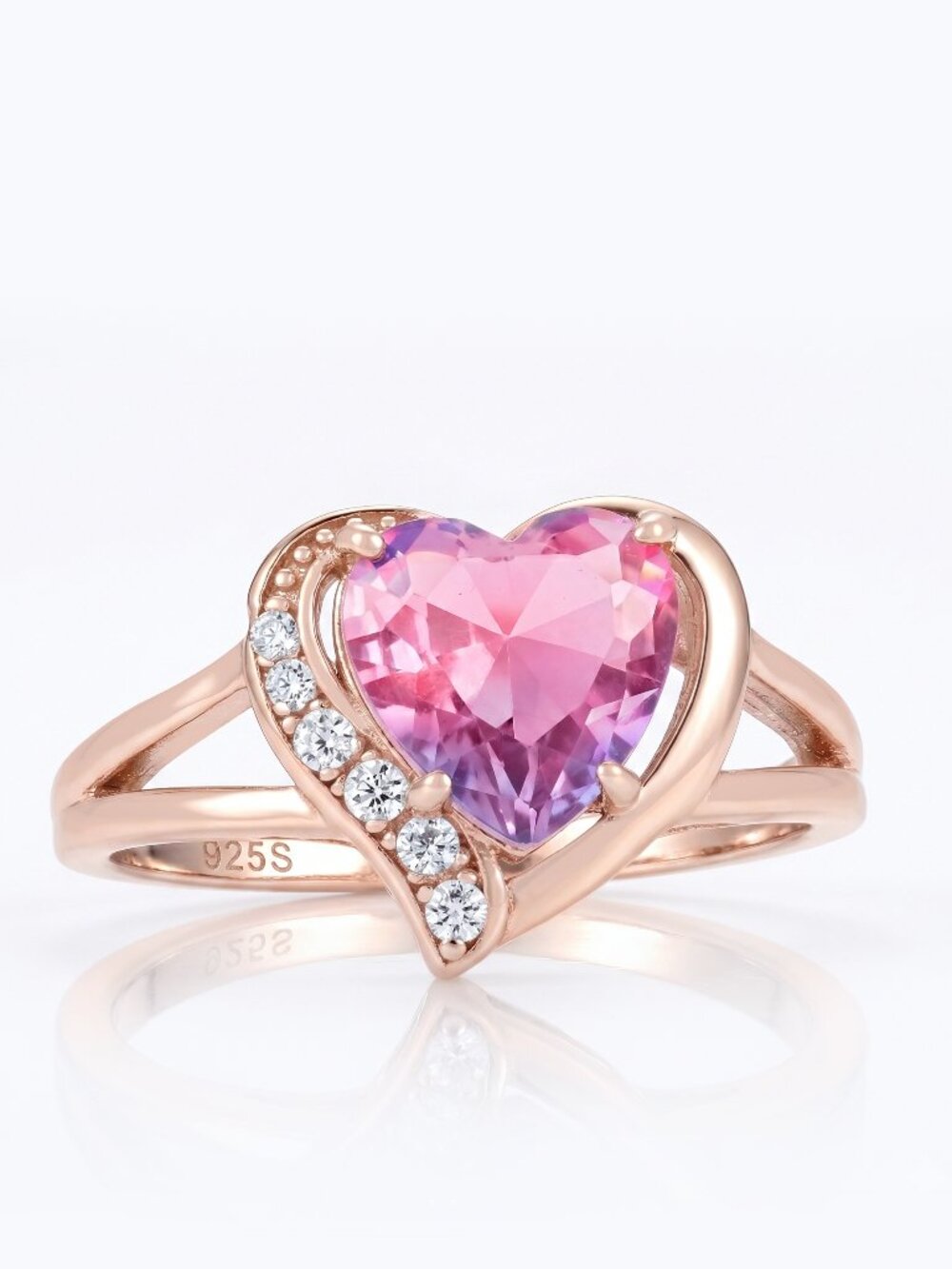 Rose Gold Heart Cut ring, Pink Purple Tourmaline, 925 Sterling Silver Promise